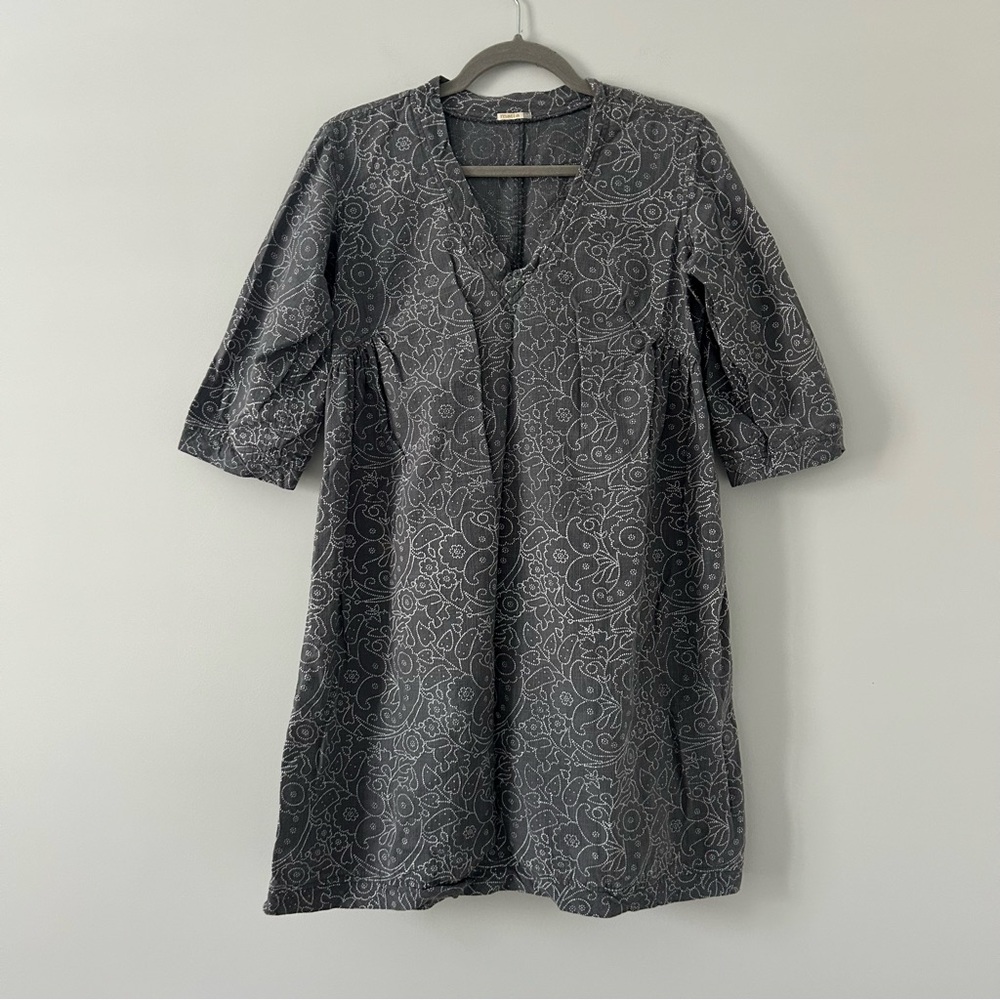 Matta Cotton Grey White Paisley Boho V Neck Casual Cottagecore Mini Dress M